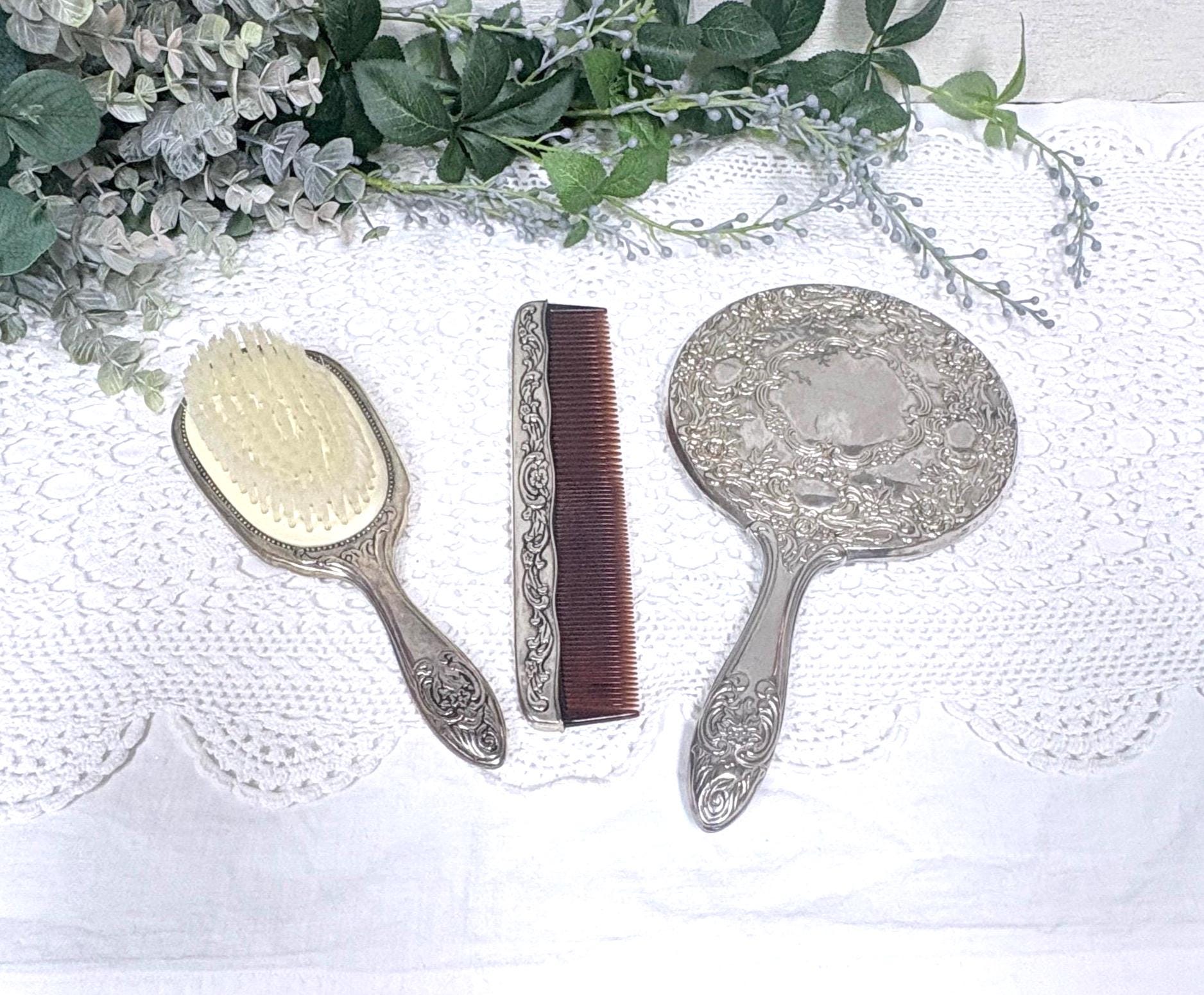 Antique Silver Mirror and Brush Set - Etsy