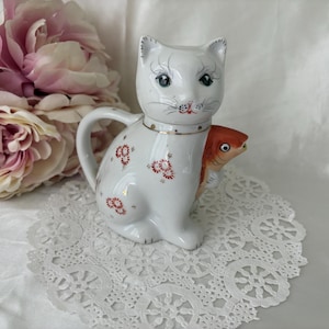 Vintage Lucky Cat & Koi Fish Floral Ceramic Chinese Teapot, circa 1960s-1970s