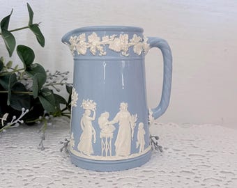 Wedgwood Embossed Queen's Ware Cream on Lavender Blue Trojan Jug / Pitcher, 1930s-1950s