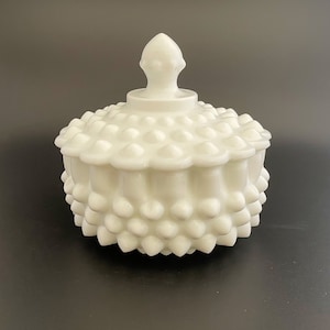 Vintage Fenton Art Glass White Milk Glass Hobnail Covered Candy Dish, circa 1950s-1960s