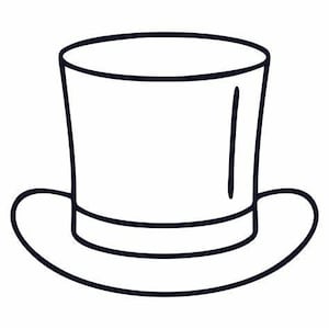 Op de afbeelding: Een zwart-witte lijntekening van een hoge hoed. De hoed heeft een hoge, cilindrische kroon en een brede, platte rand.