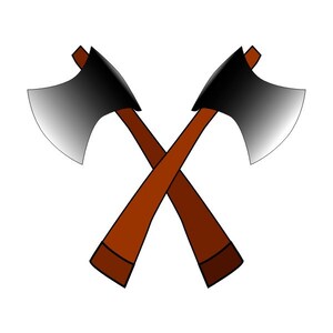 以下が含まれることがあります： 茶色の木製の柄と黒い金属製の頭を持つ、交差した2つの斧