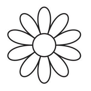 Op de afbeelding: Een eenvoudige zwart-witte lijntekening van een madeliefje met acht bloemblaadjes en een cirkel in het midden.