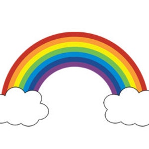 May include: A rainbow arch with red, orange, yellow, green, blue, indigo, and violet colours. The rainbow is over two white clouds.