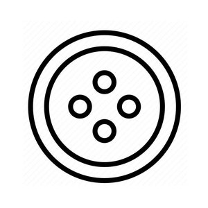May include: A black and white line drawing of a button with four holes.