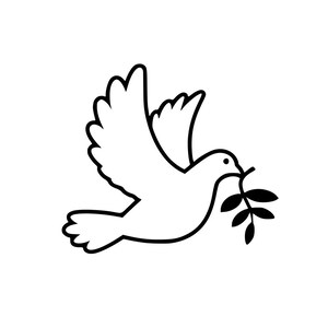 May include: A black and white line drawing of a dove carrying an olive branch in its beak, symbolizing peace.