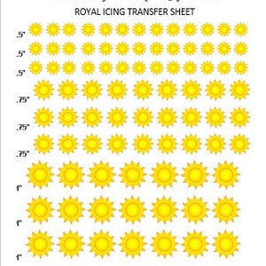 Pode incluir: Uma folha de decalques de transferência de glacê real em forma de sol amarelo de vários tamanhos, incluindo 1,25 cm, 1,9 cm e 2,5 cm. A folha é etiquetada como "Folha de transferência de glacê real".
