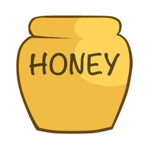 May include: A yellow honey jar with the word "HONEY" written on the front.