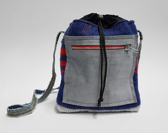 Casual multicolour bag, drawstring bag made of recycled material, handmade // recycled wool fabric, recycled leather, recycled jeans