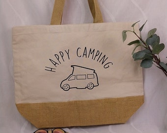 Camping-Waschhaustasche  mit Bulli Motiv aus Baumwolle und Jute, auch als Strandtasche geeignet