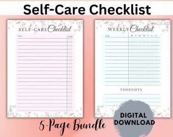 May include: A printable 5-page self-care checklist bundle with floral designs. The checklist includes a weekly checklist with a grid for each day of the week and a self-care checklist with a list of tasks to complete.