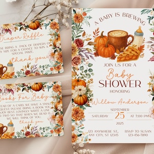 Paquete de invitaciones para bebé &quot;Se acerca el otoño&quot;, invitación para tomar café, rifa de pañales, libros para bebé y tarjetas de agradecimiento incluidas, para imprimir en casa.