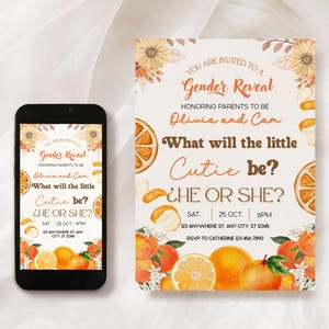 Editable Little Cutie Orange Gender Reveal Party Invitation, Boy or Girl, Gender Neutral, Electronic Citrus Gender Reveal, Printable, Corjl