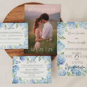 Suite de faire-part de mariage hortensias, réponse, détails et carte de remerciement, programme de mariage, modèle photo, modifiable, à imprimer à la maison, corjl
