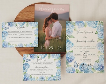 Blue Hydrangea Wedding Invitation Suite: Editable Floral Template (Digital Download)