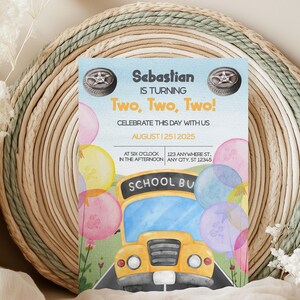Boys School Bus Second Birthday Party Invitation Template, Wheels On The Bus Party, Toddler  Invite, Yellow Bus, Print At Home, Editable