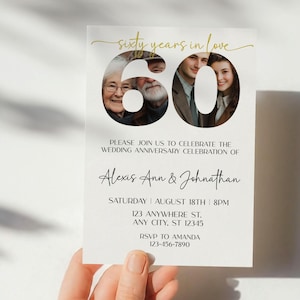 Modèle d'invitation de 60e anniversaire de mariage avec photo, carte de remerciement, anniversaire d'or, anniversaire de diamant, invitation photo, imprimable