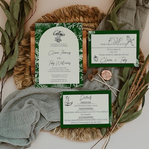 Suite de faire-part de mariage rustique, parfaite pour les mariages dans une grange et en montagne, oeuvre d'art sur le thème de la forêt dessinée à la main, champignons, carte de détails, carte RSVP