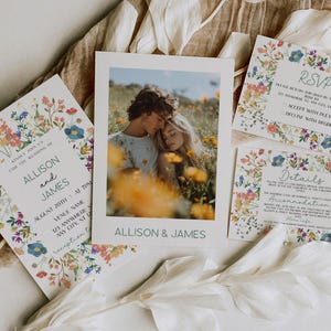 Wildflower Wedding Invitation Suite: Photo Invite, Boho Floral (Editable)
