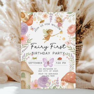 My Fairy First Birthday Invitation Template, Enchanted Card, Whimsical Invite, Girls Birthday, All Ages, Thank You Card, Print At Home