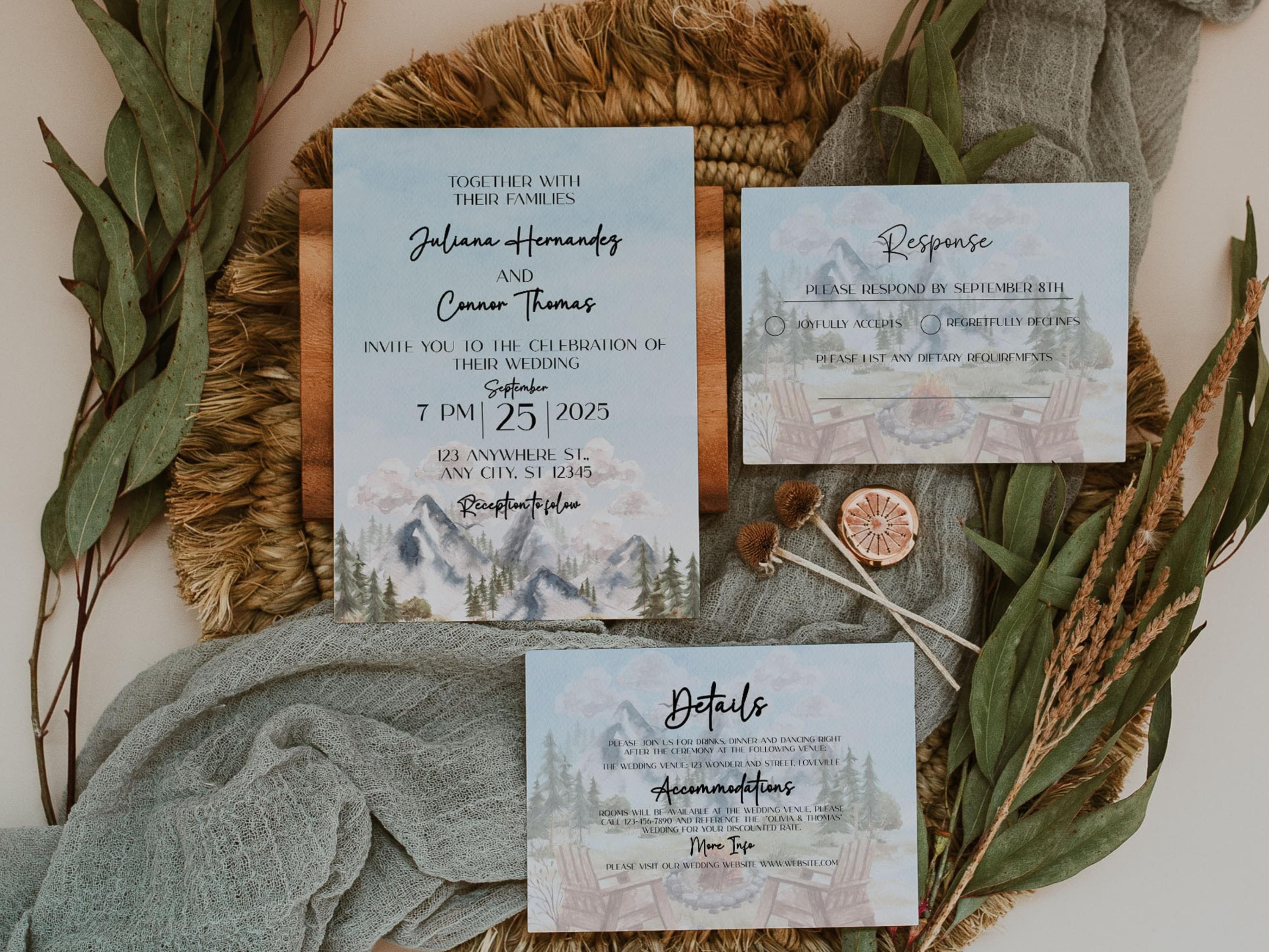 Aspen Mountain Wedding Invitation Suite: Colorado Theme (Digital Download, Corjl Edit