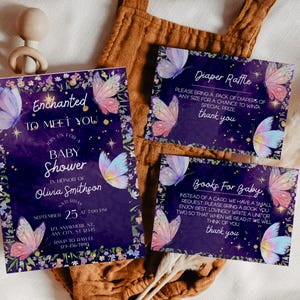Enchanted To Meet You Baby Shower Invitation Bundle, Diaper Raffle & Books For Baby Card, Whimsical Invite, Purple Party, Butterflies, Corjl
