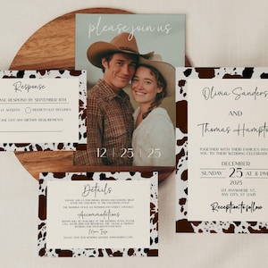 Country Western Wedding Invitation Suite, Cowprint Invite, Response, Thank You, & Details Card, Wedding Program, Print At Home, Cowboy