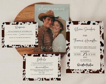 Cowprint Western Wedding Invitation Suite: Rustic Country Design (Digital Download
