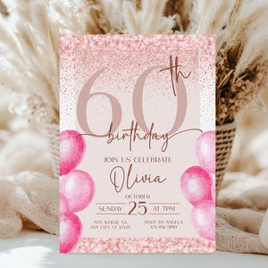 Elegant Pink Glitter 60th Birthday Party Invitation Template, 60 and Fabulous, All Ages Birthday, Invite For Ladies, Print At Home, Editable