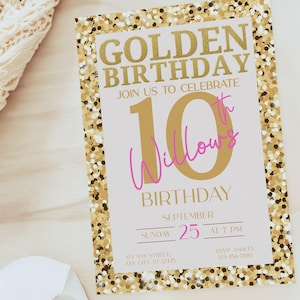 Glitter Golden Birthday Invitation Template with Thank You Card (Digital Download)