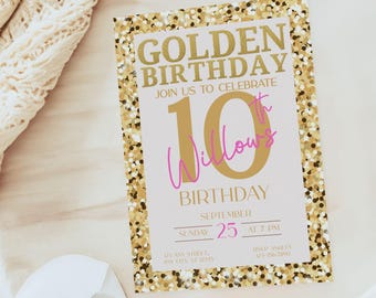 Glitter Golden Birthday Invitation Template with Thank You Card (Digital Download)
