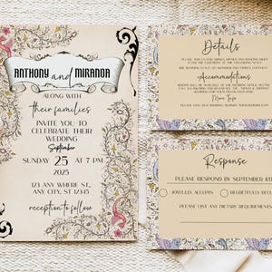 Suite de faire-part de mariage médiéval, mariage vintage, mariage donjons et dragons, carte RSVP, carte détaillée, impression à la maison, mariage de joueur, Corjl