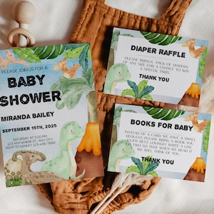 Dinosaur Baby Shower Invitation Bundle, Books For Baby, Diaper Raffle Card, Printable Dino Invite, Boy Shower, Editable, Thank You Card