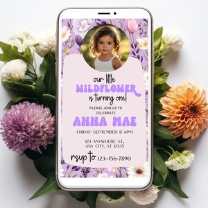 Purple Wildflower First Birthday Invitation: Girls Evite (Digital)