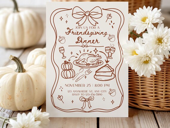 Editable Friendsgiving Dinner Party Invitation, Thanksgiving Invite, Hand Drawn Card