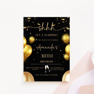 Black & Gold Surprise Birthday Invitation: Elegant Party Template (Digital Download)