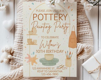 Invitación de cumpleaños con temática de pintura de cerámica: plantilla editable, tarjeta de agradecimiento y actividad (descarga digital)
