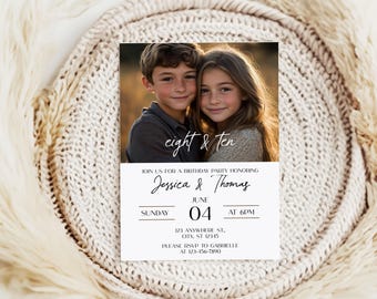 Minimalist Sibling Birthday Photo Invitation: Editable Boho Design (Digital Download)