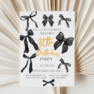 Black Bow 30th Birthday Invitation Template: Elegant Ribbon Design (Digital Download)