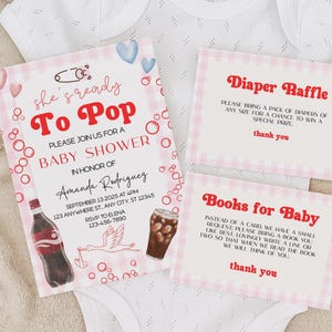 Bereit zum Pop-Babyparty-Einladung, Soda Pop-Thema, Windel-Verlosung, Bücher für Baby, Geschlechtsneutral, Dankes-Karte, Druck zu Hause, Corjl