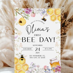 First Bee Day Birthday Invitation Template, 1st Birthday, Gender Neutral Party, Boho Invite, Invite For Girls, Digital Birthday Invitation