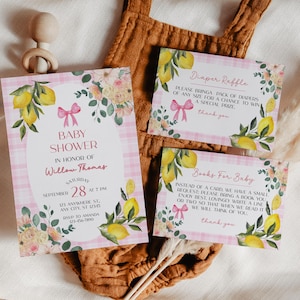 Invito per baby shower a tema limonata rosa, biglietto per la lotteria dei pannolini, biglietto con libri per neonati, bambina agli agrumi, baby shower al limone, invito stampabile, Corjl