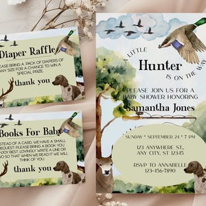 Lot d&#39;invitations baby shower Chasse aux canards : tombola de couches et carte de livres