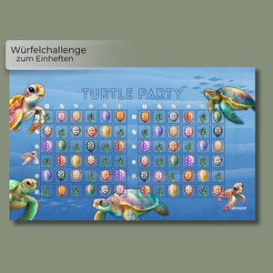 Puede incluir: Un juego de mesa colorido titulado "Turtle Party" con un fondo azul e ilustraciones de tortugas. El tablero del juego presenta una cuadrícula de espacios coloridos en forma de huevo. El texto "Wurfelfchallenge zum Einheften" está en la parte superior.