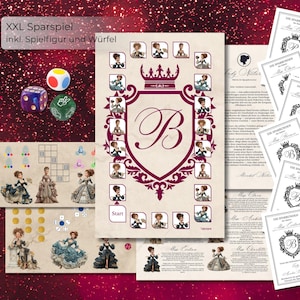 Könnte beinhalten: Ein Brettspiel-Set mit Würfeln, Spielkarten und Spielbrettern. Die Spielbretter zeigen Illustrationen von Frauen in historischen Kleidern. Die Spielkarten tragen den Text "Die Sparungen" und den Buchstaben "B". Die Würfel sind lila, weiß und grün.