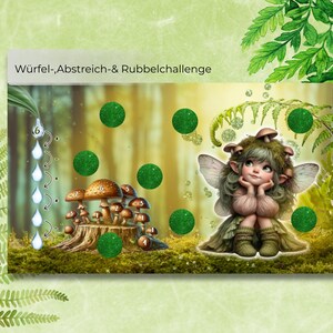 Könnte beinhalten: Eine Fantasy-Illustration mit einer Fee mit pilzartigen Haaren und Flügeln, umgeben von grünen Kugeln und Pilzen. Der Text "Würfel-, Abstreich- & Rubbelchallenge" und eine Reihe von Wassertropfen sind enthalten.