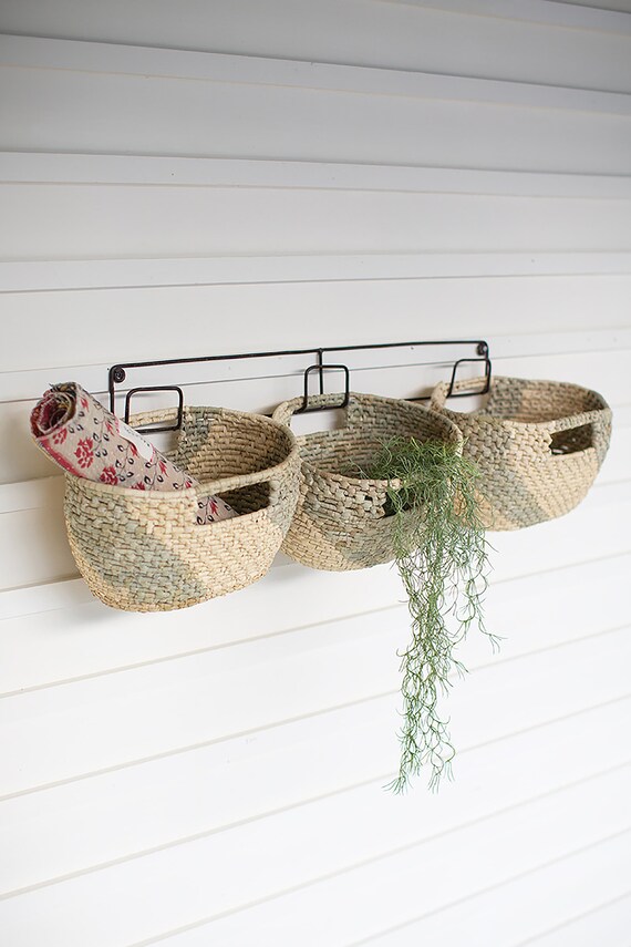 Haitian Metal Wall Hanging Rack With Handwoven Seagrass Basket Etsy