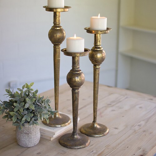 Set of Three Brass Pillar Candle Holders With Marble Bases Etsy