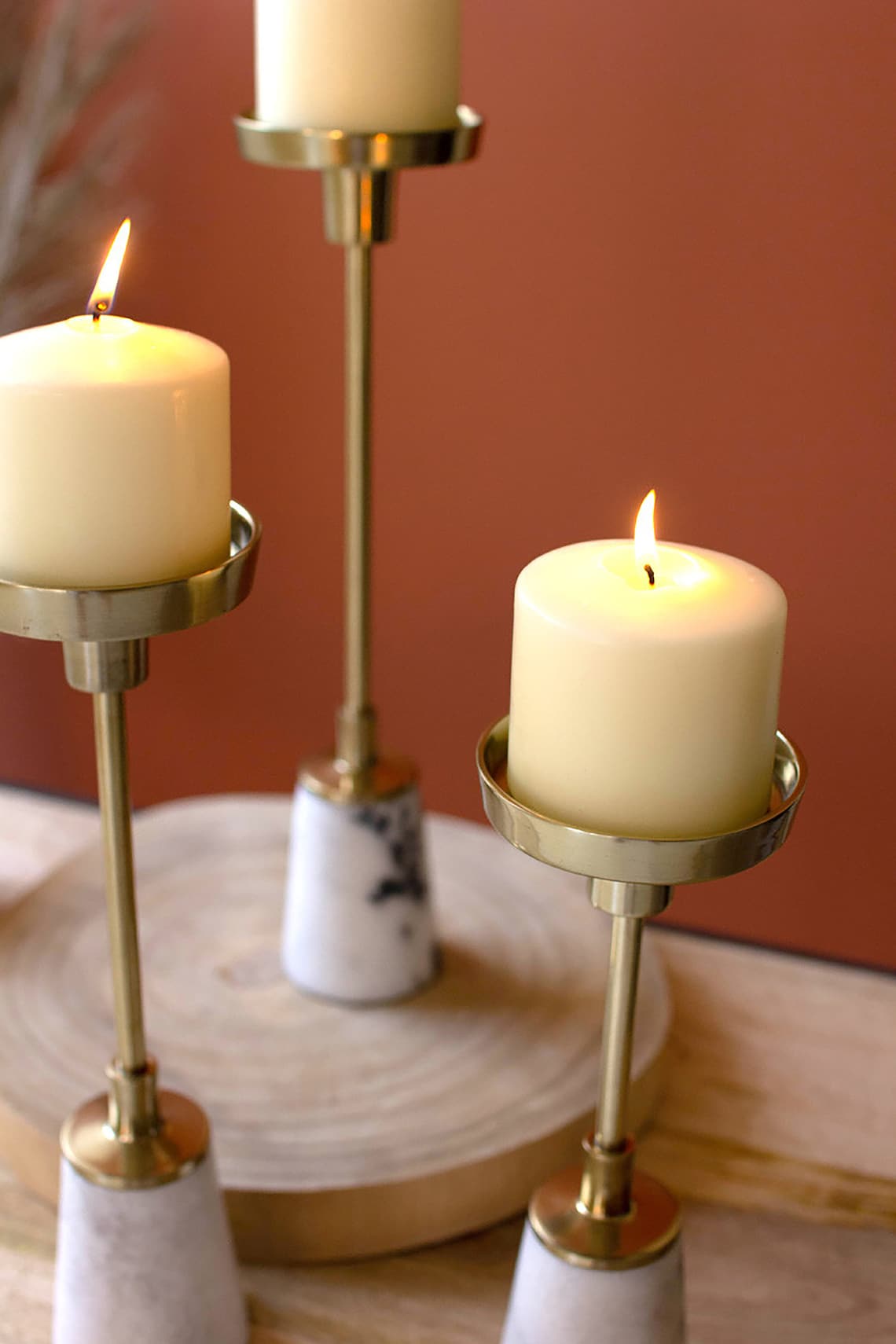 Set of Three Brass Pillar Candle Holders With Marble Bases Etsy