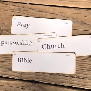 Juego de 4 tarjetas didácticas hechas a mano de estilo vintage con envío gratuito: Biblia, oración, comunión e iglesia.